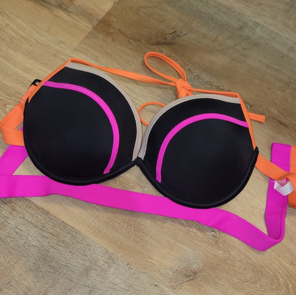 Colorful Bikini Top with Black, Pink, and Orange Accents
